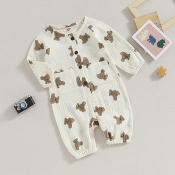 EWODOS Toddler Baby Kids Fall Rompers Bear Print Button Гащеризон с дълъг ръкав и джобове за новородено бебе Сладък гащеризон