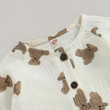 EWODOS Toddler Baby Kids Fall Rompers Bear Print Button Гащеризон с дълъг ръкав и джобове за новородено бебе Сладък гащеризон