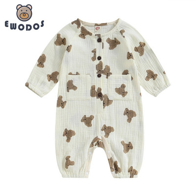 EWODOS Toddler Baby Kids Fall Rompers Bear Print Button Kombinezons ar garām piedurknēm ar kabatām jaundzimušam bērnam, jauks rombiņš