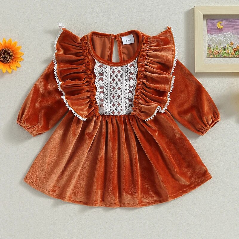 ma&baby 3-24M Halloween Χριστουγεννιάτικο βρεφικό φόρεμα μακρυμάνικο βελούδινο δαντέλα βολάν Φορέματα πάρτι για κορίτσια D05