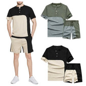 Set de vară 2 două piese pentru bărbați decolteu nasturi + costume scurte sport Îmbrăcăminte pentru bărbați Mărimea UE S-XXL