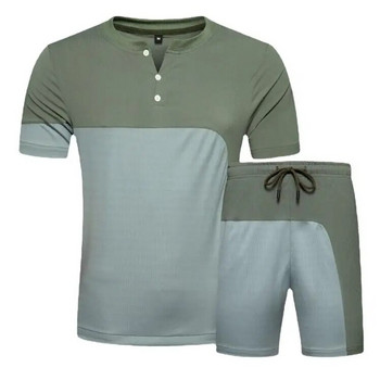 Летен комплект от 2 части за мъже с копчета за деколте + къси спортни костюми Мъжко облекло ЕС размер S-XXL