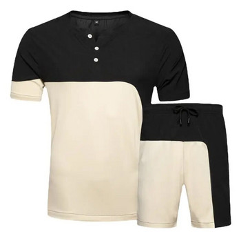 Летен комплект от 2 части за мъже с копчета за деколте + къси спортни костюми Мъжко облекло ЕС размер S-XXL