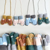 Kid Cartoon Thicken ζεστά μάλλινα γάντια Little Dinosaur Baby Full Finger Mitents Winter New Girls boys Παιδικά γάντια με σχοινιά