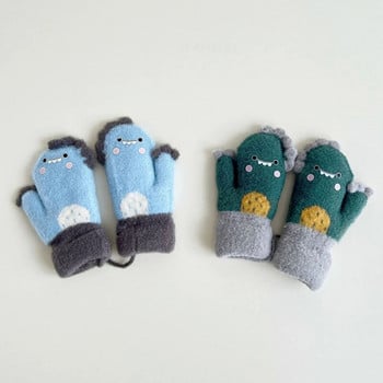 Kid Cartoon Thicken ζεστά μάλλινα γάντια Little Dinosaur Baby Full Finger Mitents Winter New Girls boys Παιδικά γάντια με σχοινιά