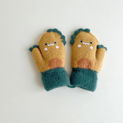 Kid Cartoon Thicken ζεστά μάλλινα γάντια Little Dinosaur Baby Full Finger Mitents Winter New Girls boys Παιδικά γάντια με σχοινιά