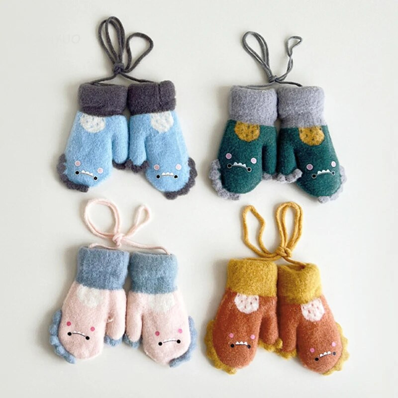 Kid Cartoon Thicken ζεστά μάλλινα γάντια Little Dinosaur Baby Full Finger Mitents Winter New Girls boys Παιδικά γάντια με σχοινιά