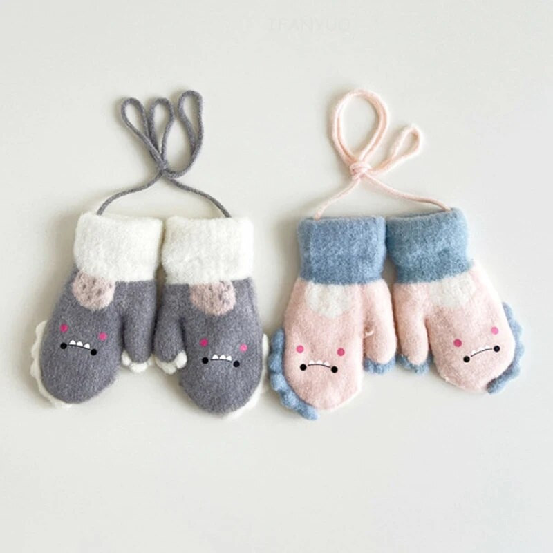 Kid Cartoon Thicken ζεστά μάλλινα γάντια Little Dinosaur Baby Full Finger Mitents Winter New Girls boys Παιδικά γάντια με σχοινιά