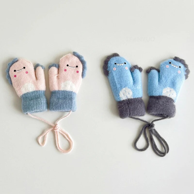 Kid Cartoon Thicken ζεστά μάλλινα γάντια Little Dinosaur Baby Full Finger Mitents Winter New Girls boys Παιδικά γάντια με σχοινιά