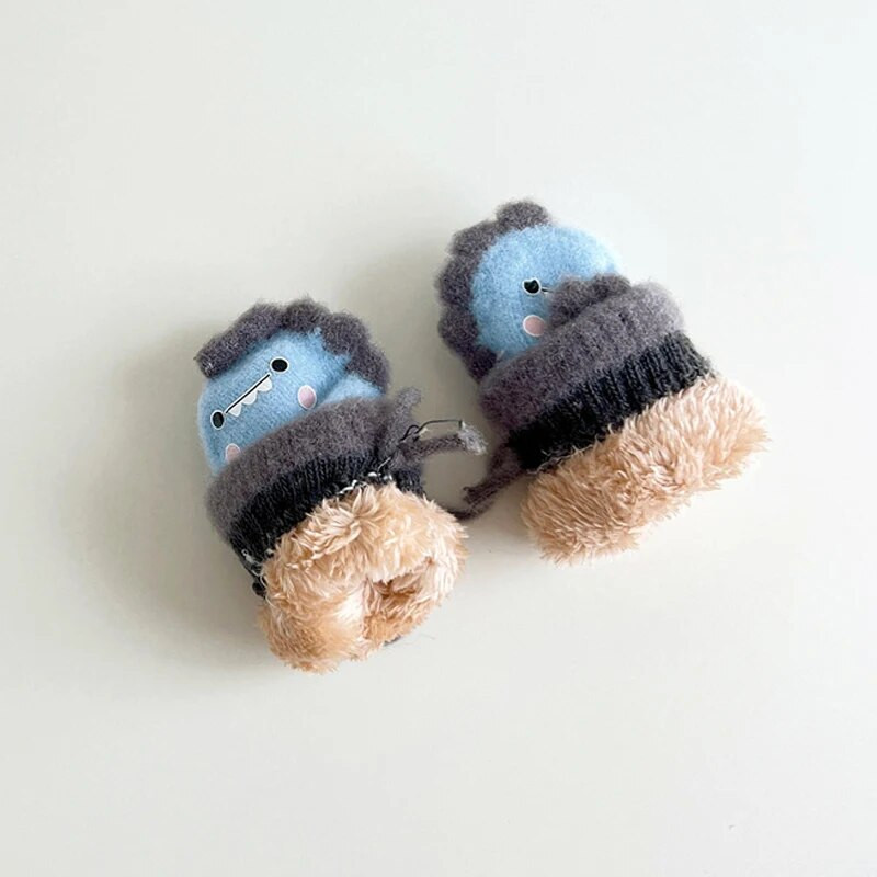 Kid Cartoon Thicken ζεστά μάλλινα γάντια Little Dinosaur Baby Full Finger Mitents Winter New Girls boys Παιδικά γάντια με σχοινιά