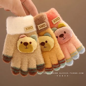 2023 Нови детски зимни плетене с бантик Мече Плюшени меки ръкавици с пет пръста Момчета Момичета Топли ръкавици на открито Детски цветни ръкавици