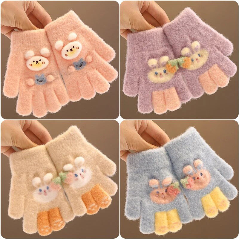 2023 Νέα Παιδιά Χειμερινό Πλεκτό Παπιγιόν Αρκουδάκι βελούδινο μαλακό με πέντε δάχτυλα γάντια αγόρια κορίτσια Υπαίθρια ζεστά γάντια Παιδικά χρώματα γάντια