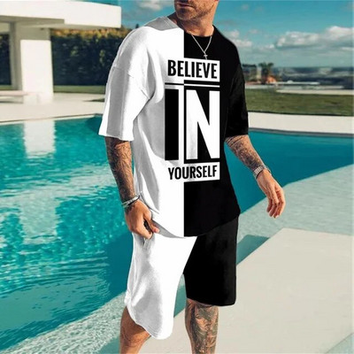 Vyriškas vasarinis sportinis kostiumas „Believe in Yourself“ Marškinėlių šortų komplektas Sportinė apranga Bėgiojimas Kostiumas Dideli drabužiai Lauko gatvių apranga