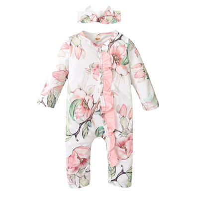 Νεογέννητο κοριτσάκι λουλουδάτο μακρυμάνικο κορμάκι με παπιγιόν για κορίτσια 0-18 μηνών