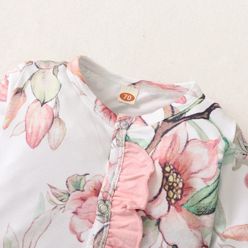 Νεογέννητο κοριτσάκι λουλουδάτο μακρυμάνικο κορμάκι με παπιγιόν για κορίτσια 0-18 μηνών