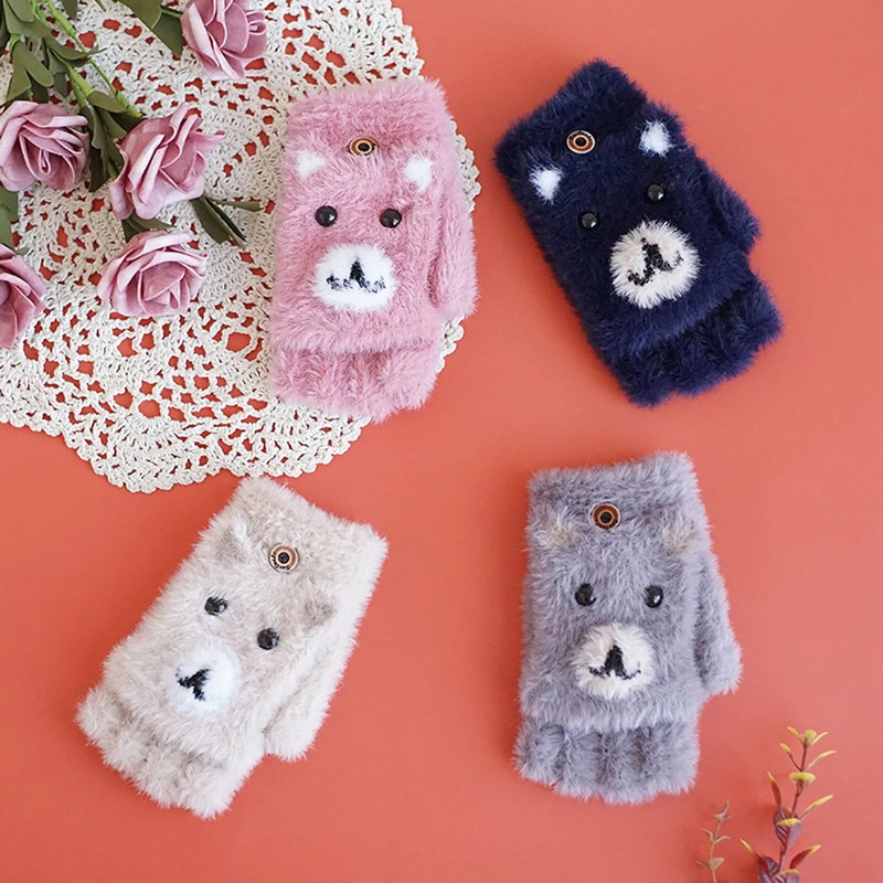 Mănuși calde de iarnă pentru copii, tricot cu model drăguț, mănuși mari de catifea, fără degete, multifuncționale, mănuși pentru copii, pentru copii перчатки