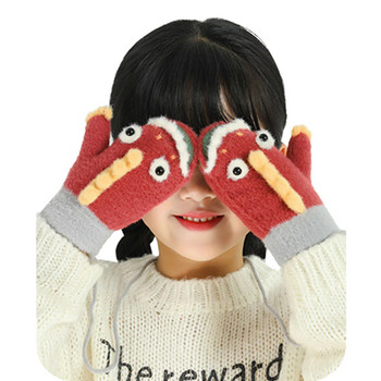 2-5Y Детски ръкавици Карикатура Сладка плетена ръкавица с ремък Дебела топла кадифена ветроустойчива ръкавица с цял пръст Детски аксесоари Деца