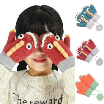 2-5Y Детски ръкавици Карикатура Сладка плетена ръкавица с ремък Дебела топла кадифена ветроустойчива ръкавица с цял пръст Детски аксесоари Деца