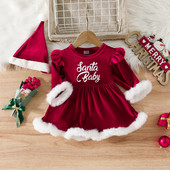 Ma&Baby 0-24M Crăciun Nou-Născut Bebeluș Fete Salopete roșii din catifea Volană Salopetă de pluș + pălărie Costume de petrecere de Crăciun Ținute D05