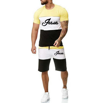 Мъжки летен анцуг Ежедневен спортен комплект Мъжка тениска с къс ръкав и къси панталони в съответствие с цвета Комплекти от 2 части Свободно едноцветно улично облекло