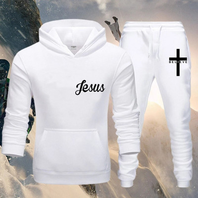Outdoor I Believe in Jesus Christ Print Őszi Téli Férfi Sport Alkalmi Öltöny Egyszínű Kapucnis húzózsinór melegített síkendõ