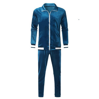 Νεότερες ανδρικές βελούδινες αθλητικές φόρμες Splicing ανδρικό σετ 2 τεμαχίων Φούτερ + παντελόνι Μπλε φούτερ Ανοιξιάτικα φθινοπωρινά αθλητικά ρούχα