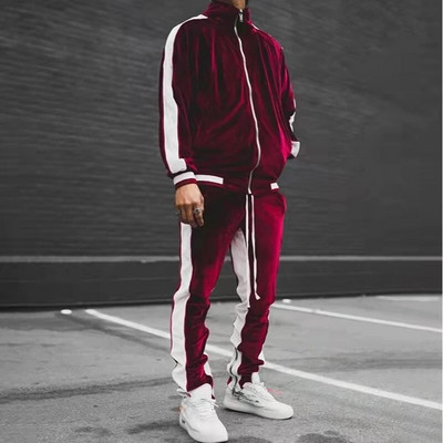 Cele mai noi Treninguri din catifea pentru bărbați Costum sport cu îmbinare Set 2 piese pentru bărbați Hanorace+ Pantaloni Hanorac albastru Imbracaminte sport de primavara toamna