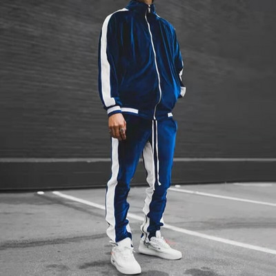 Cele mai noi Treninguri din catifea pentru bărbați Costum sport cu îmbinare Set 2 piese pentru bărbați Hanorace+ Pantaloni Hanorac albastru Imbracaminte sport de primavara toamna