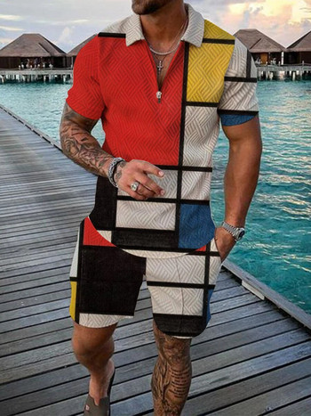 Мъжки летен анцуг Спортен костюм Мъжки комплект Ежедневна тениска с 3D печат с къс ръкав Поло тениска с цип с ревер Мъжко облекло за джогинг