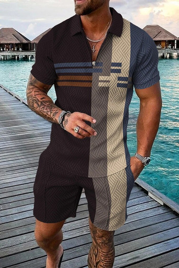 Мъжки летен анцуг Спортен костюм Мъжки комплект Ежедневна тениска с 3D печат с къс ръкав Поло тениска с цип с ревер Мъжко облекло за джогинг