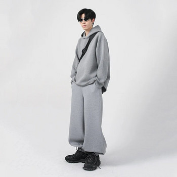 Комплекти пуловер с качулка IEFB Тенденция Мъжки есенни нови корейски стил от две части Свободни спортни широки панталони от чист памук Суичъри Костюми 9C1134