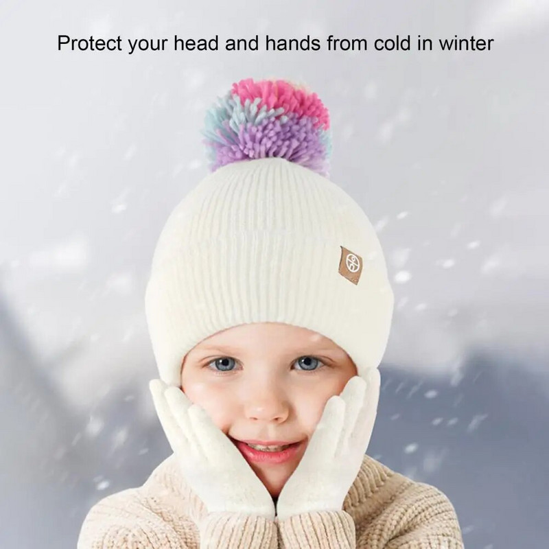 1 komplekt vabaaja puuteekraaniga kindad tuulekindlad mugavad talvised soojad mütsid hingavad lapsele kootud talvekindad mütsikomplektiga