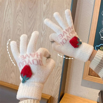 Γυναικεία κορίτσια μάλλινα γάντια Χειμερινά χαριτωμένα ζεστά γάντια ζακάρ κεντημένα φράουλα δάχτυλα αθλητικά γάντια παιδικά χειμωνιάτικα γάντια