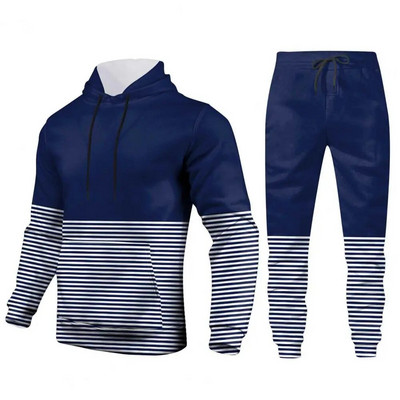 2 τμχ/Σετ Ανδρική φόρμα με ριγέ στάμπα, έγχρωμη φόρμα με κουκούλα, μακρυμάνικο μπλούζες Jogger Pants Φθινοπωρινή χειμερινή φόρμα γυμναστικής
