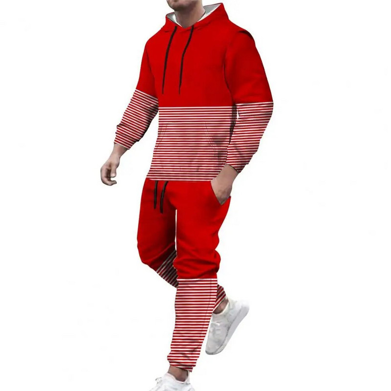 2 τμχ/Σετ Ανδρική φόρμα με ριγέ στάμπα, έγχρωμη φόρμα με κουκούλα, μακρυμάνικο μπλούζες Jogger Pants Φθινοπωρινή χειμερινή φόρμα γυμναστικής