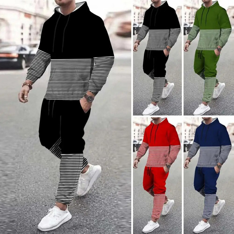 2 τμχ/Σετ Ανδρική φόρμα με ριγέ στάμπα, έγχρωμη φόρμα με κουκούλα, μακρυμάνικο μπλούζες Jogger Pants Φθινοπωρινή χειμερινή φόρμα γυμναστικής