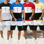 Мъжки летен спортен комплект Faith Cross Printed Religion Design Color Block Анцуг Ежедневни улични ризи Джогинг Шорти Костюм