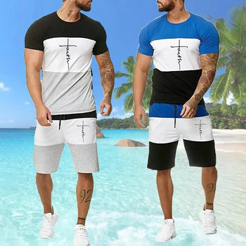 Ανδρικό Summer Faith Cross με εμπριμέ αθλητικό σετ Religion Design Φόρμα γυμναστικής Color Block Casual πουκάμισα Streetwear Κοστούμι σορτς για τζόκινγκ