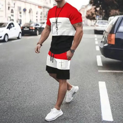 Мъжки летен спортен комплект Faith Cross Printed Religion Design Color Block Анцуг Ежедневни улични ризи Джогинг Шорти Костюм