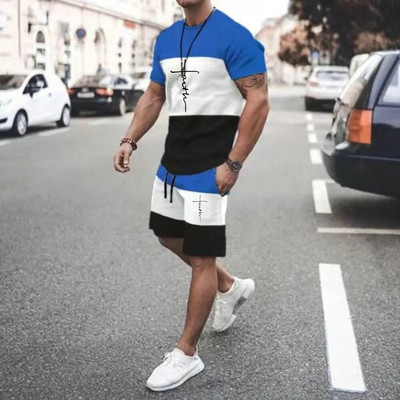 Мъжки летен спортен комплект Faith Cross Printed Religion Design Color Block Анцуг Ежедневни улични ризи Джогинг Шорти Костюм