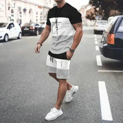 Мъжки летен спортен комплект Faith Cross Printed Religion Design Color Block Анцуг Ежедневни улични ризи Джогинг Шорти Костюм