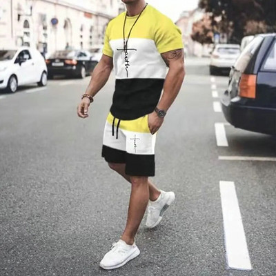 Мъжки летен спортен комплект Faith Cross Printed Religion Design Color Block Анцуг Ежедневни улични ризи Джогинг Шорти Костюм