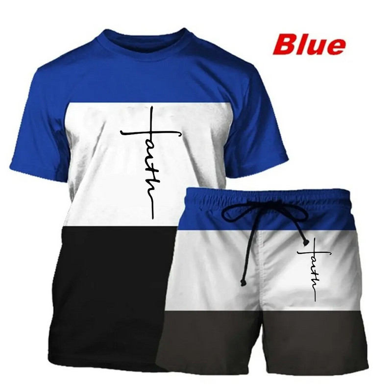 Мъжки летен спортен комплект Faith Cross Printed Religion Design Color Block Анцуг Ежедневни улични ризи Джогинг Шорти Костюм