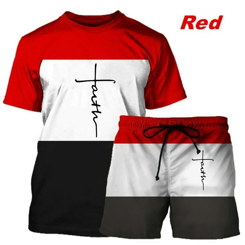 Мъжки летен спортен комплект Faith Cross Printed Religion Design Color Block Анцуг Ежедневни улични ризи Джогинг Шорти Костюм