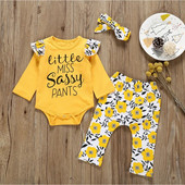 Дрехи за новородени бебета и момичета 2020 Пролет Little Miss Sassy Pants Outfit Гащеризон+панталон+лента за глава 3PCS Комплекти