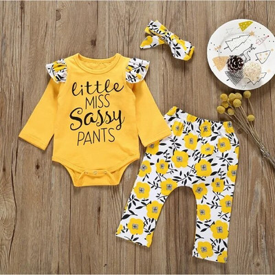 Дрехи за новородени бебета и момичета 2020 Пролет Little Miss Sassy Pants Outfit Гащеризон+панталон+лента за глава 3PCS Комплекти