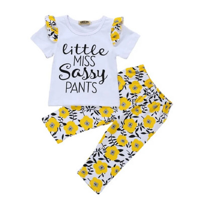 Дрехи за новородени бебета и момичета 2020 Пролет Little Miss Sassy Pants Outfit Гащеризон+панталон+лента за глава 3PCS Комплекти
