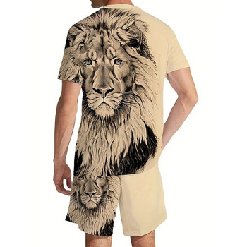 Големи мъжки тениски с принт с 3D лъв, комплект къси панталони за спортен фитнес, летен уличен стил, големи графики, 2 бр. Мъжко облекло