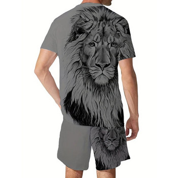 Ανδρικό σορτς μπλουζάκι 3D Lion Print Plus Size Σετ για αθλητική γυμναστική Καλοκαιρινό Street Style Υπερμεγέθη γραφικά 2 τμχ Ανδρικά ρούχα