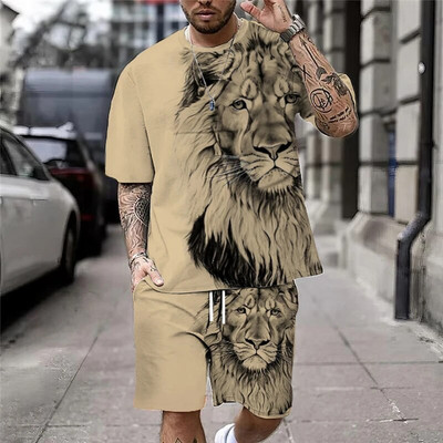 Големи мъжки тениски с принт с 3D лъв, комплект къси панталони за спортен фитнес, летен уличен стил, големи графики, 2 бр. Мъжко облекло
